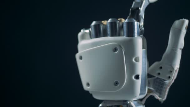 Close up van de menselijke vingers aan te raken van een bionic hand en daarmee verplaatsen — Stockvideo