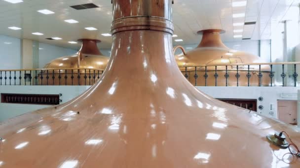 Reservatórios de cerveja de bronze nas instalações da destilaria — Vídeo de Stock