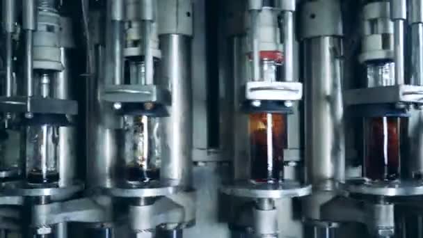 Заводське обладнання наповнює скляні пляшки алкоголем. Виробництво віскі, шотландців, бурбонів . — стокове відео
