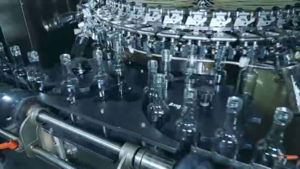 Botellas vacías moviéndose en un transportador de fábrica mientras se lava . — Vídeos de Stock