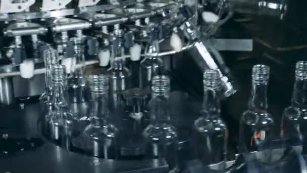 Botellas moviéndose en un transportador de fábrica mientras se lava . — Vídeo de stock