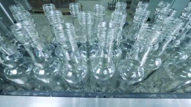 Fabrika konveyör taşıma birçok şişeler, alkollü üretim.