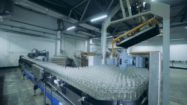 Transportador automático de botellas móviles en las instalaciones de la planta de alcohol . — Vídeos de Stock