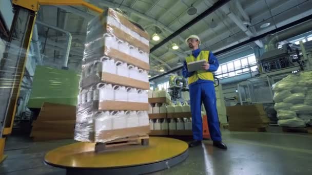 Person überprüft die Arbeit einer Verpackungsmaschine, automatisierte Technik. — Stockvideo