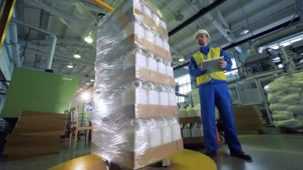 Eine Verpackungsanlage funktioniert, während ein Mann sie in einer Fabrik überprüft. — Stockvideo