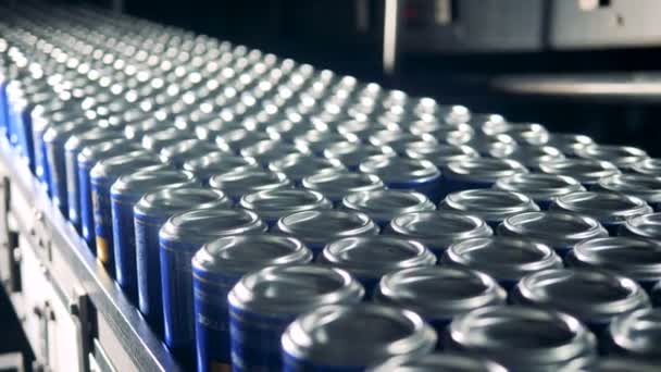 Metal cans with beer on an assenbly line, close up. — Stock Video