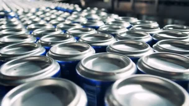 Muitas latas com cerveja se movendo em um transportador, de perto . — Vídeo de Stock