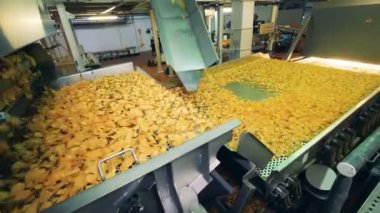 Büyük konveyör tam bir gıda prodcution tesisinde patates cipsi.