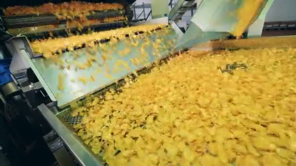 Aardappelchips gebakken in een fabriek, bewegen op geautomatiseerde transportband. — Stockvideo