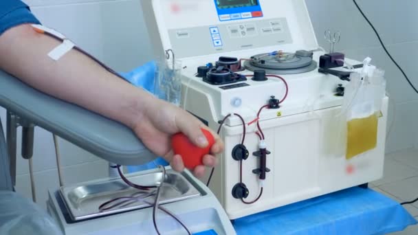 Δότης υποβάλλεται σε μια μετάγγιση αίματος ενώ αιμοδοσία σε ειδικό κέντρο. — Αρχείο Βίντεο