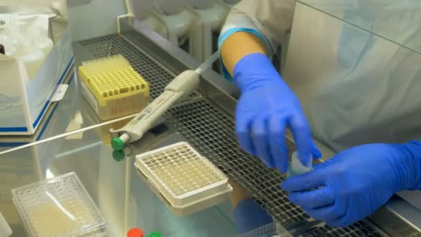 Een verpleegkundige werkt met het testen van apparatuur in een laboratorium, doneren van centrum. — Stockvideo