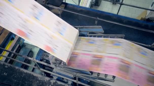 Krant bewegen op een typografische transportband, bovenaanzicht. — Stockvideo