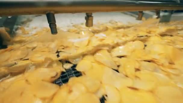 Жидкость распыляется на картофельные чипсы — стоковое видео