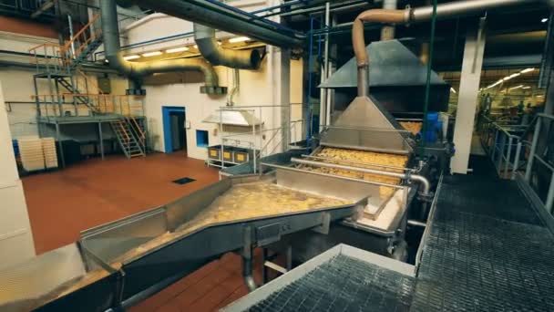 Gigantische fabriek machine is verhuizen en verwerking van chips — Stockvideo