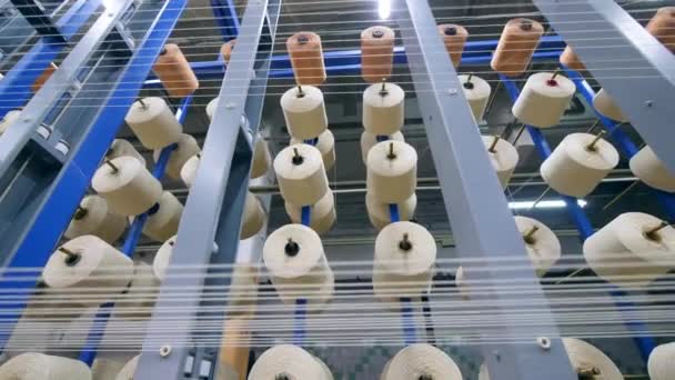 Muitas fendas girando enquanto enrolam fios em uma planta têxtil moderna . — Vídeo de Stock