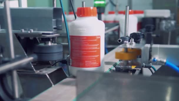 Etiketli plastik şişe konveyör hareketli ve işaretlenmiş — Stok video