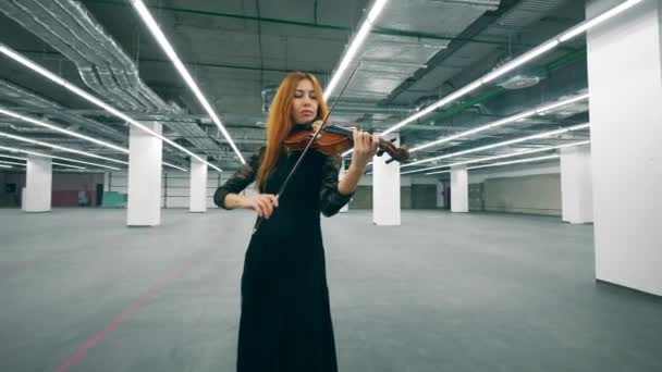 Um violinista tocando instrumento em um quarto sozinho . — Vídeo de Stock