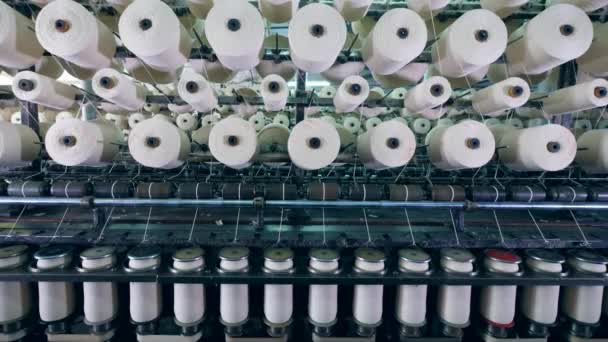 Tailoring process carried out on an industrial machine with spools in a textile factory. — Stock Video