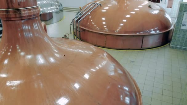 Tanques cerveceros almacenan cerveza en una sala de instalaciones . — Vídeo de stock