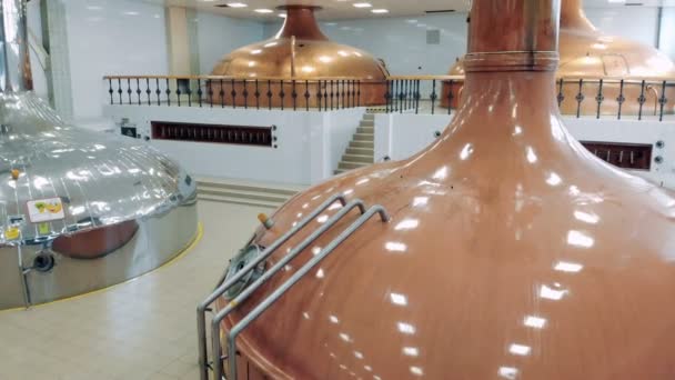 Moderne brouwerij faciliteit met metalen containers met bier. — Stockvideo