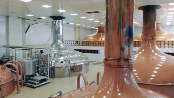 Conteneurs de bière placés dans une pièce d'une usine de brasserie . — Video