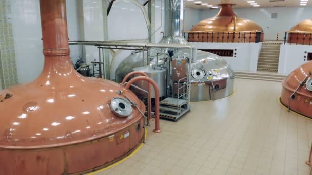 Los contenedores de fábrica almacenan cerveza en una fábrica de cerveza moderna . — Vídeo de stock