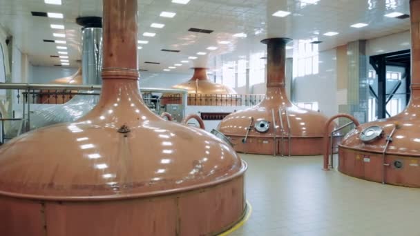 Sala de la fábrica con grandes tanques, cerveza de cerveza . — Vídeos de Stock