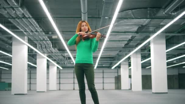Женщина играет на скрипке в хранилище — стоковое видео