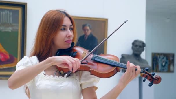 女性パフォーマーはフロント ビューでバイオリンを弾いてください。 — ストック動画