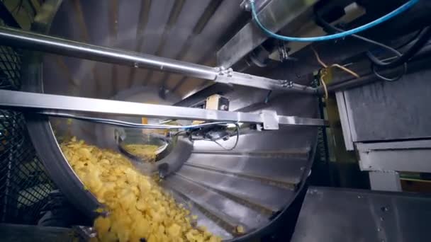 Máquina grande gira, adicionando realçadores de sabor para batatas fritas . — Vídeo de Stock