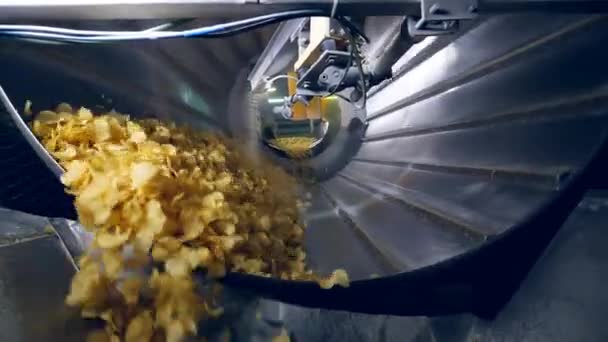 Veel van gebakken chips gesorteerd in een fabriek machine, krijgen vermengd met smaakversterkers. — Stockvideo