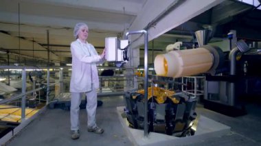 Patates cips bir çizgiyle denetlemek için bir makine fabrikası işçisi kullanır.