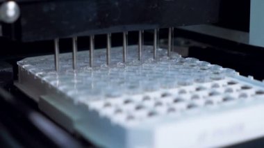 Otomatik makine çalışırken bir laboratuvarı tüpler içine sıvı dökülen.