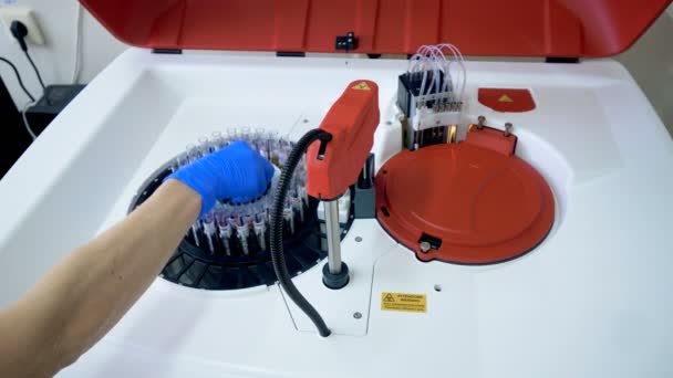Лабораторний працівник завантажує аналітичну машину, поставивши лоток із зразками . — стокове відео