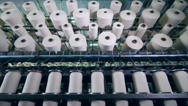 Clews με ίνες που τοποθετούνται σε σύγχρονες μηχανές σε ένα βιομηχανικό εργοστάσιο κλωστοϋφαντουργίας. — Αρχείο Βίντεο