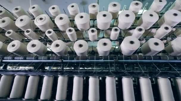 Filas de bobinas con fibra, enrolladas en una planta textil. Línea de producción de textiles industriales — Vídeos de Stock
