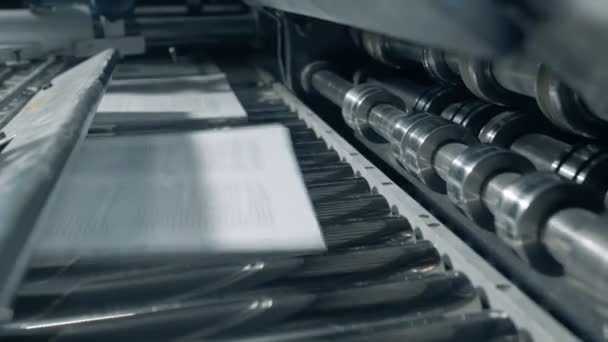 Bladen krijgen op een transportband in een drukkerij, typografie faciliteit. — Stockvideo