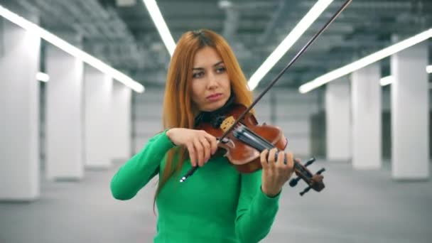 Скрипачка умело играет на инструменте. — стоковое видео