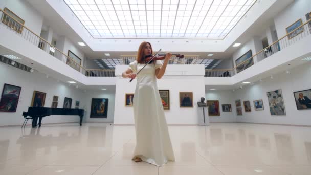 Músico vestido de blanco toca el violín en la sala de arte — Vídeos de Stock