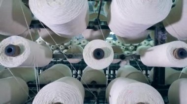 Satırlar halindeki birçok klews bir raf üzerinde döner, lif bobin.