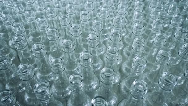 Bottiglie di vetro impilate insieme su una piattaforma mobile — Video Stock