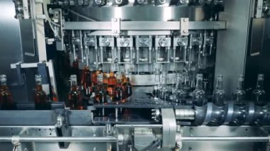 Dönen konveyör, boş cam şişeleri içecekle dolduruyor
