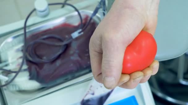 Sangue está sendo bombeado de pessoas mão apertando uma bola — Vídeo de Stock