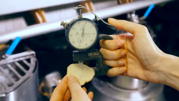 Dispositivo em mãos femininas está moldando um pedaço de batata fatiada — Vídeo de Stock