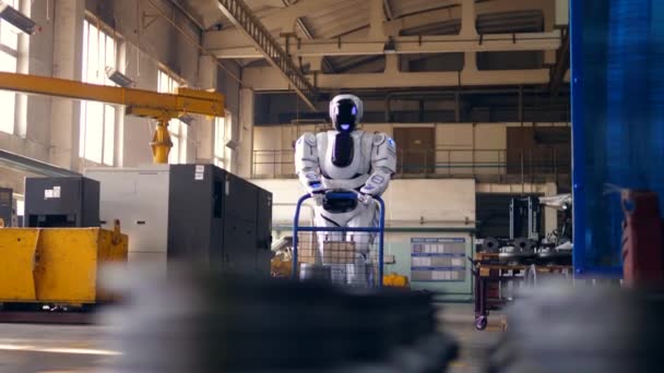Menschlicher Roboter bewegt einen Einkaufswagen über das Gelände — Stockvideo