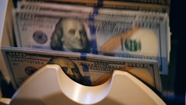 Moderno equipamento de contagem funciona com dólares impressos frescos . — Vídeo de Stock