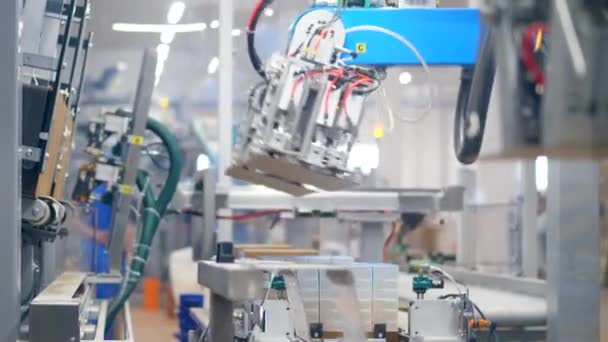 Macchine robotizzate creano scatole di cartone su linea industriale in uno stabilimento . — Video Stock