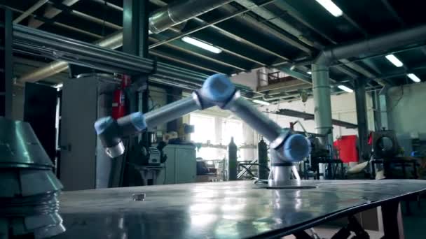 Geautomatiseerde robotarm werken bij een installatie. — Stockvideo