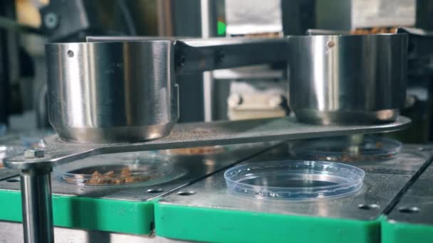 Portions of bread crumbs are filling plastic plates. Food factory equipment. — Stock Video