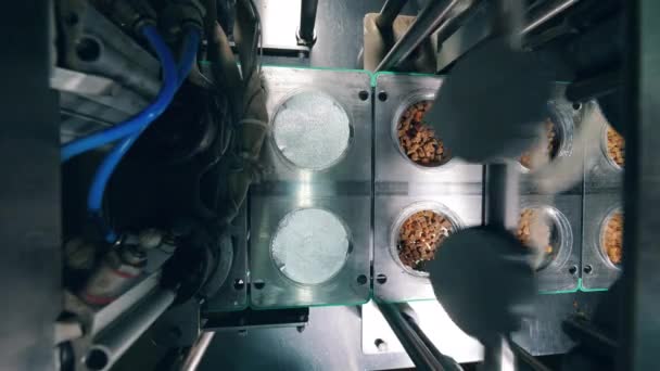 Vista superior de la cinta transportadora que cubre las placas de plástico con migas de pan en una fábrica de alimentos . — Vídeos de Stock